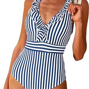 NWT - L - CUPSHE Women's V Neck One Piece Swimsuit Ruffled Back Cross Swimwear